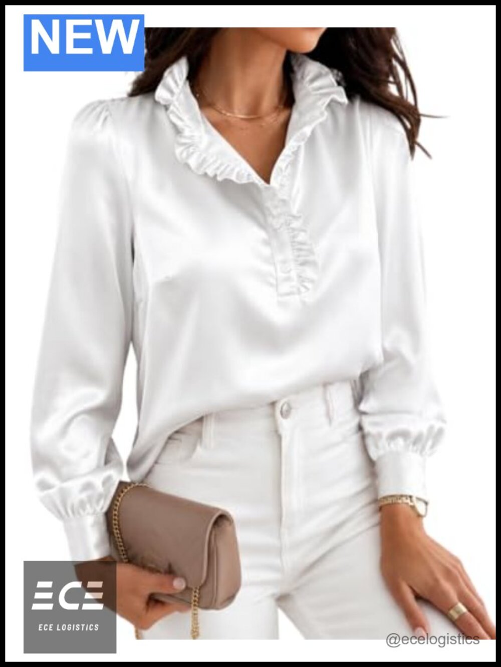 Satin Ruffle V Neck Button Down Blouse Lantern Sleeve Work Top